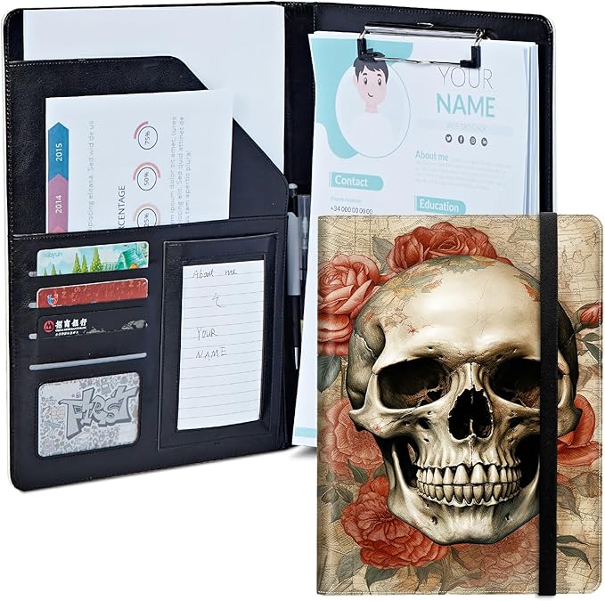 Skull Roses Padfolio Folder with Clipboard,Portfolios Organizer Clipboards with Storage Clipboard Writing Pad PU Leather Conference Document Organizer with Business Card Holder
