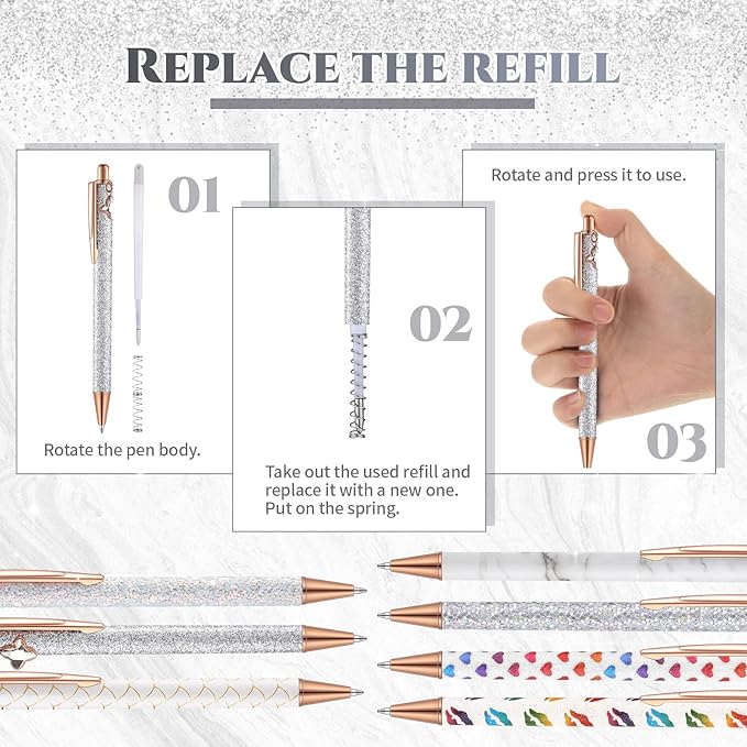 Sherr 7 Pcs Fancy Pens for Women Cute Sparkly Glitter Pens with 10 Pcs Black Ink Refills Pretty Gifts for Girls Office School Christmas Graduation(White,Novel)
