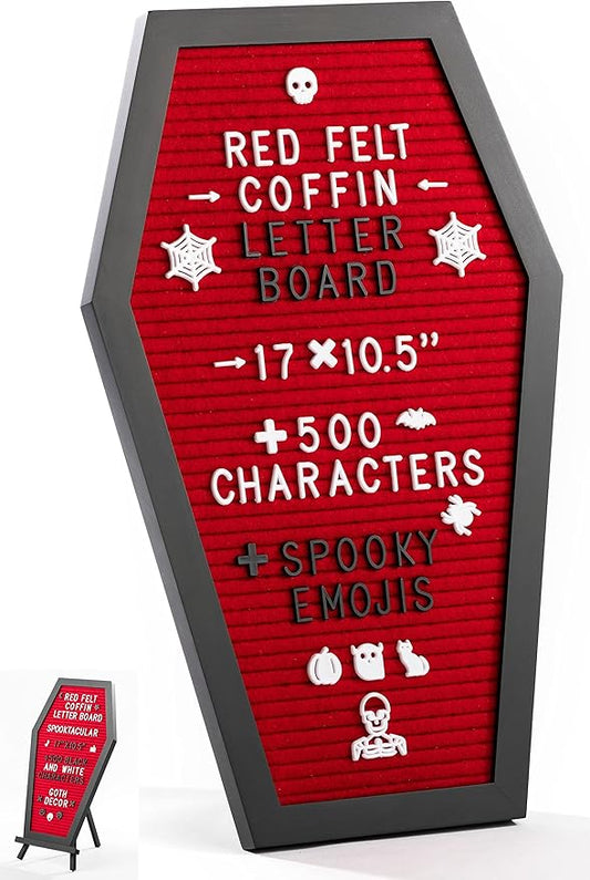Coffin Letter Board Red With Spooky Emojis +500 Characters, and Wooden Stand - 17x10.5 Inches - Goth Valentines Gifts Horror Spooky Gothic Valentines Day Halloween Decor Decorations