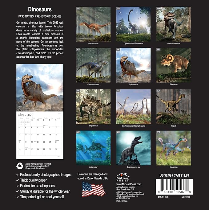 MICASA Dinosaurs Mini 2025 Wall Calendar 12 Month | 7" x 14" Open | Thick & Sturdy Paper | Giftable | Calendar 2025