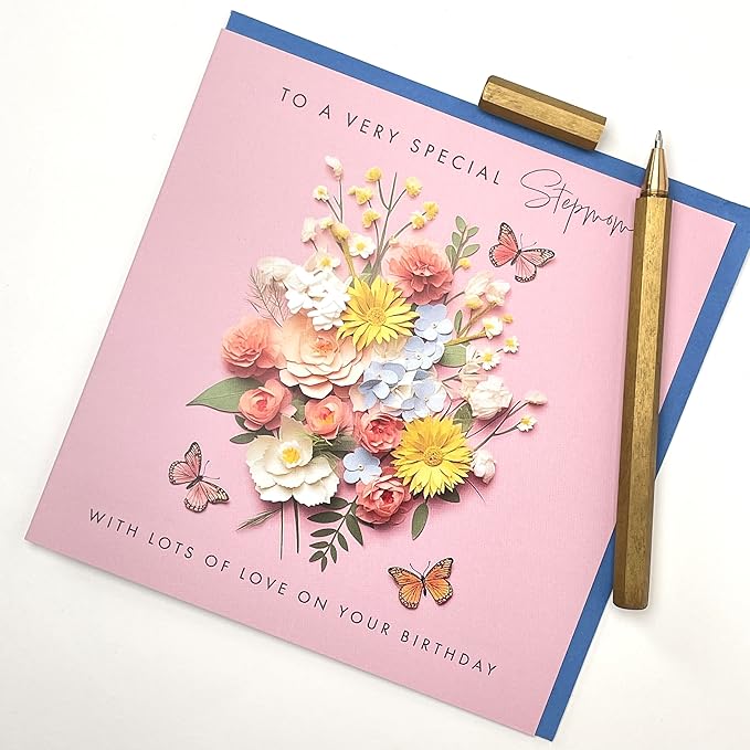 Old English Co. Special Stepmom Birthday Card for Her - Pink Flower Butterfly Artwork Birthday Card from Stepchildren - Cute Stepmom Birthday Card | Blank Inside Envelope