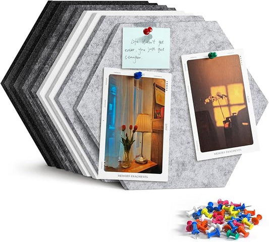 12" Large Bulletin Board with 30 Push Pins, Pack of 8 Hexagon Felt Pin Board Notice Boards for Home Office Kitchen, Felt Wall Tiles for Photos Memos