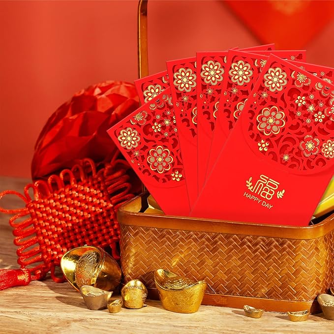 20 Pcs Chinese New Year Red Envelopes, 3.4 x 7 Inches Large 福 Hong Bao Lucky Money Cash Envelopes, Elegant Floral Design Red Packets Lai See for Spring Festival, Lunar New Year, Weddings, Birthdays