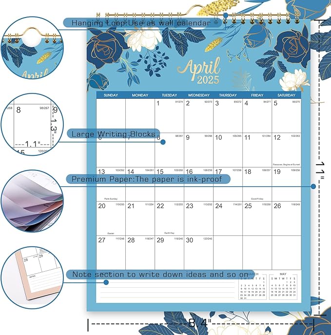 2025 Wall Calendar - 2025 Calendar, Wall Calendar from Jan. 2025 - Dec. 2025, 8.4” x 11", Twin-wire Binding, Hanging Hook, Holidays