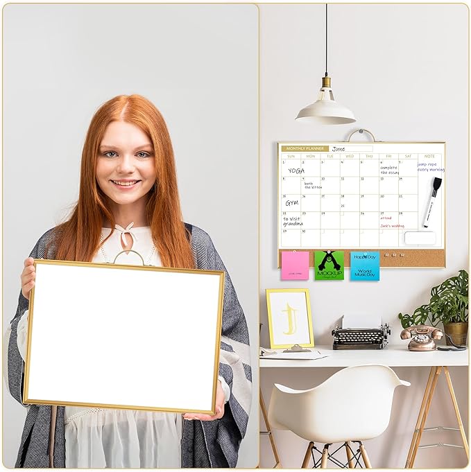 ARCOBIS Dry Erase Calendar with Cork Board for Wall, 12"x16" Magnetic Monthly Calendar Whiteboard with Gold Frame, Double-Sided Planner & White Board for Home, Office, School