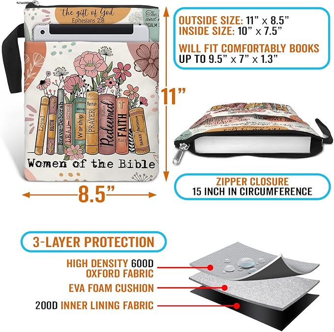 Book Sleeve. Christian Faith God Religious Gift. Bible Book Cover with Zipper and Front Pocket. Washable 11 X 8.5 Inch Padded Book Bag. Gift for Book Lovers. Women of The Bible
