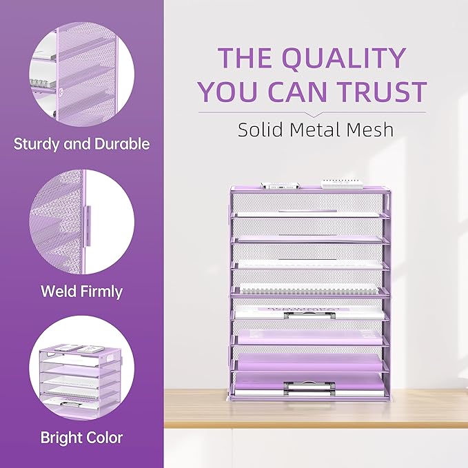 DALTACK 9-Tier Paper Letter Tray Desk Organizer with Handles, Mesh File Holder Organization, Paper Sorter Desk Organizer for Office Home School, Purple