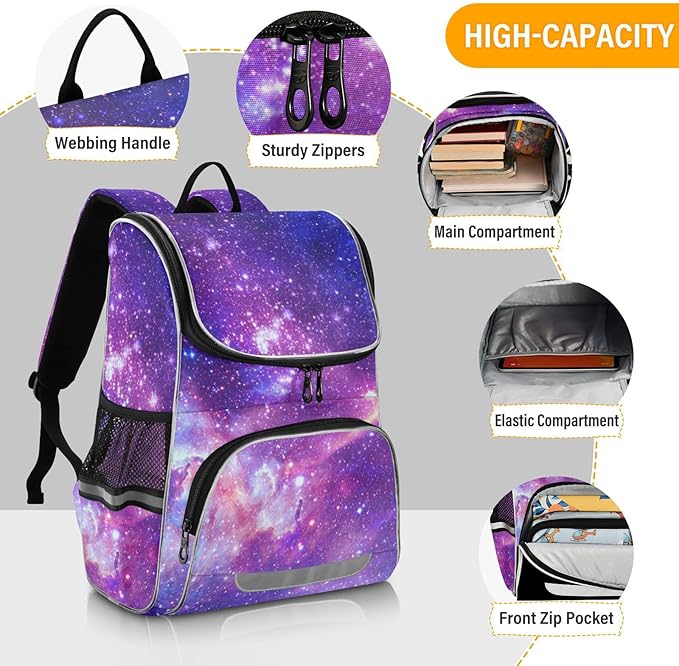 Galaxy Backpack with Reflective Strip for Kids Boys Girls Elementary School Bag Removable Chest Strap