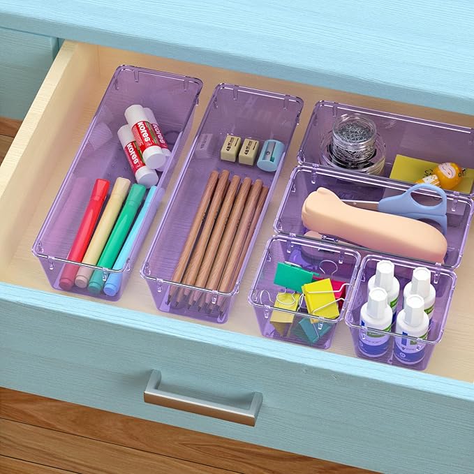 WOWBOX 9 Pack Clear Drawer Organizer Set, Acrylic Drawer Storage Trays, Storage Bins for Makeup, Cosmetics, Jewelries, Utensils, Gadgets, Office, Purple