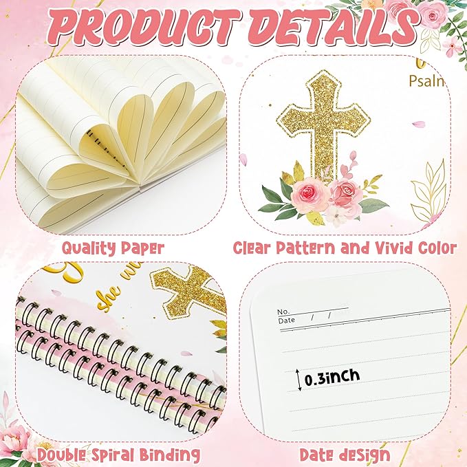 2 Pack A5 Floral Cross Religious Spiral Notebooks - She Will Not Fall Bible Verses Writing Notebooks, Ruled Hardbound Lined Journal, Christian Christmas Gift, Sunday School Supply (Pink Gold)