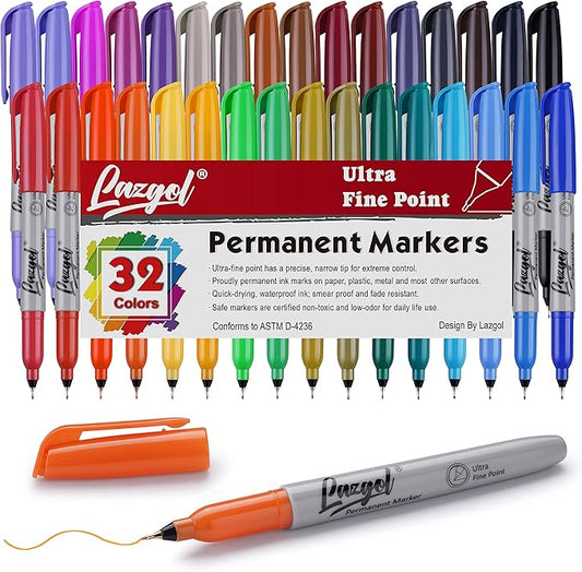 Ultra Fine Permanent Marker Bulk, 32 Assorted Colors Ultra Fine Point Permanent Marker set, Felt Tip Pens Works on Plastic, Wood, Stone, Metal and Glass for Valentines Day Gifts