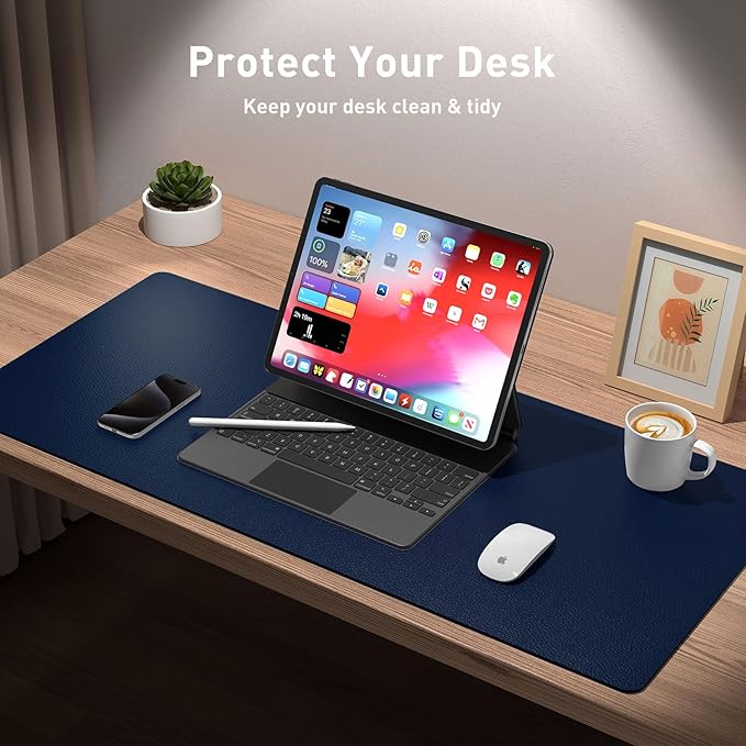 Aothia Leather Desk Pad Protector, Mouse Pad & Office Mat - Non-Slip PU Leather Desk Blotter, Laptop & Writing Pad - Waterproof for Office & Home (Dark Blue, 36" x 17")