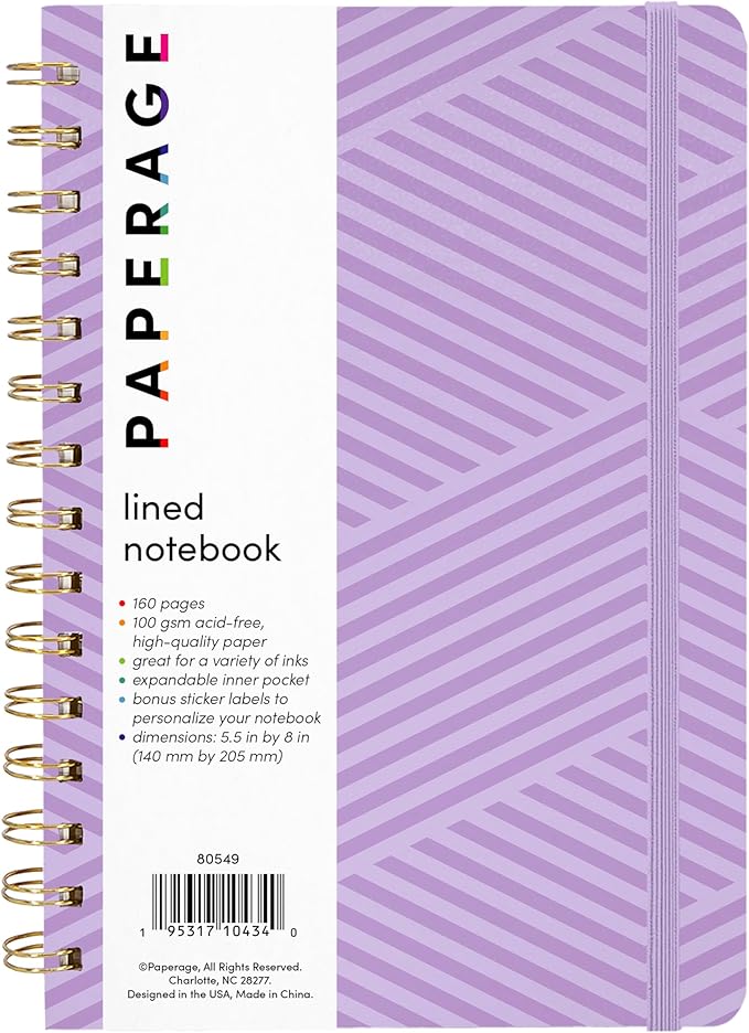 PAPERAGE Lined Spiral Journal Notebook, (Geometric Lavender), 160 Pages, Medium 5.5 inches x 8 inches - 100 GSM Thick Paper, Hardcover, Double-Wire Spiral Journal & Notebook