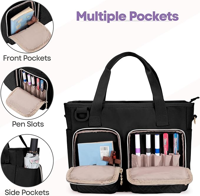 Teamoy Bible Tote Bag for Women, Bible Cover Carrying Case Church Bag with Water Bottle Pocket and Shoulder Strap, Black Quilted