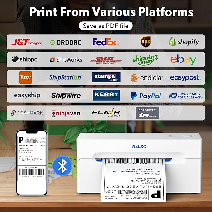 Nelko Bluetooth Thermal Label Printer, Wireless 4x6 Shipping Label Printer for Shipping Packages, Support Android, iPhone and Windows, Widely Used for Amazon, Ebay, Shopify (Sliver White)