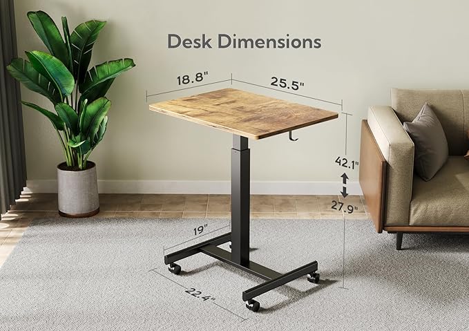 Mobile Standing Desk, Small Rolling Standing Desk, Mobile Desk Workstation with Wheels, Pneumatic Mobile Laptop Desk for Home Office with Hook, Rustic Brown