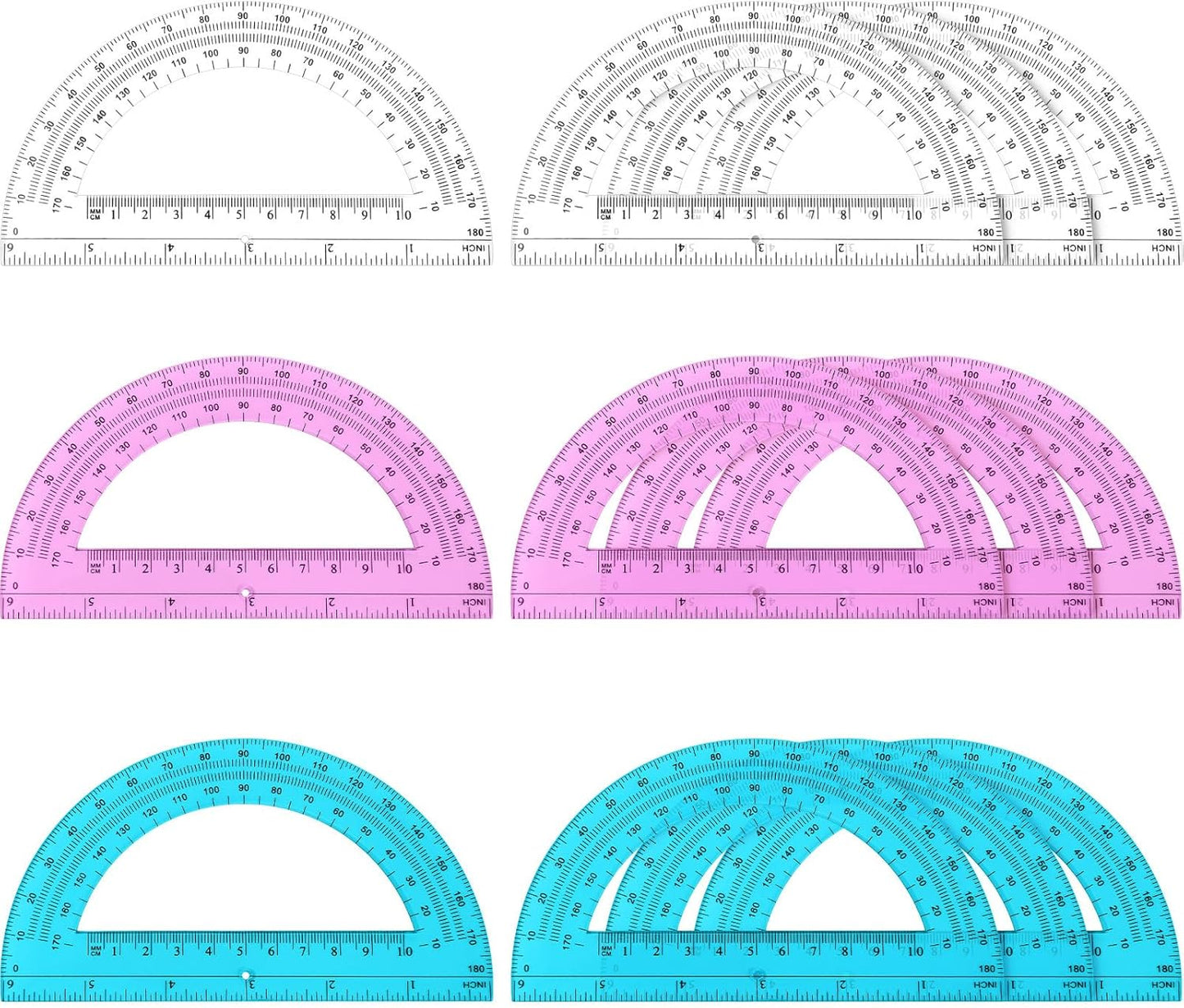 Zonon 12 Pack 6 Inch Plastic Protractor Back to School Protractors 180 Degrees Pink Blue Clear Protractors for Classroom Math Teacher Student Office Supplies