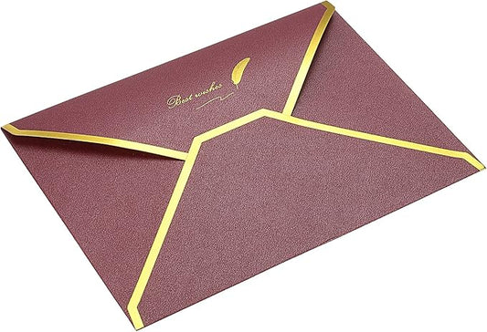 PATIKIL V Flap Envelopes, 10 Pack 7 x 5'' Luxury Style Gold Border Greeting Card Envelope for Invitations Weddings, Wine Red