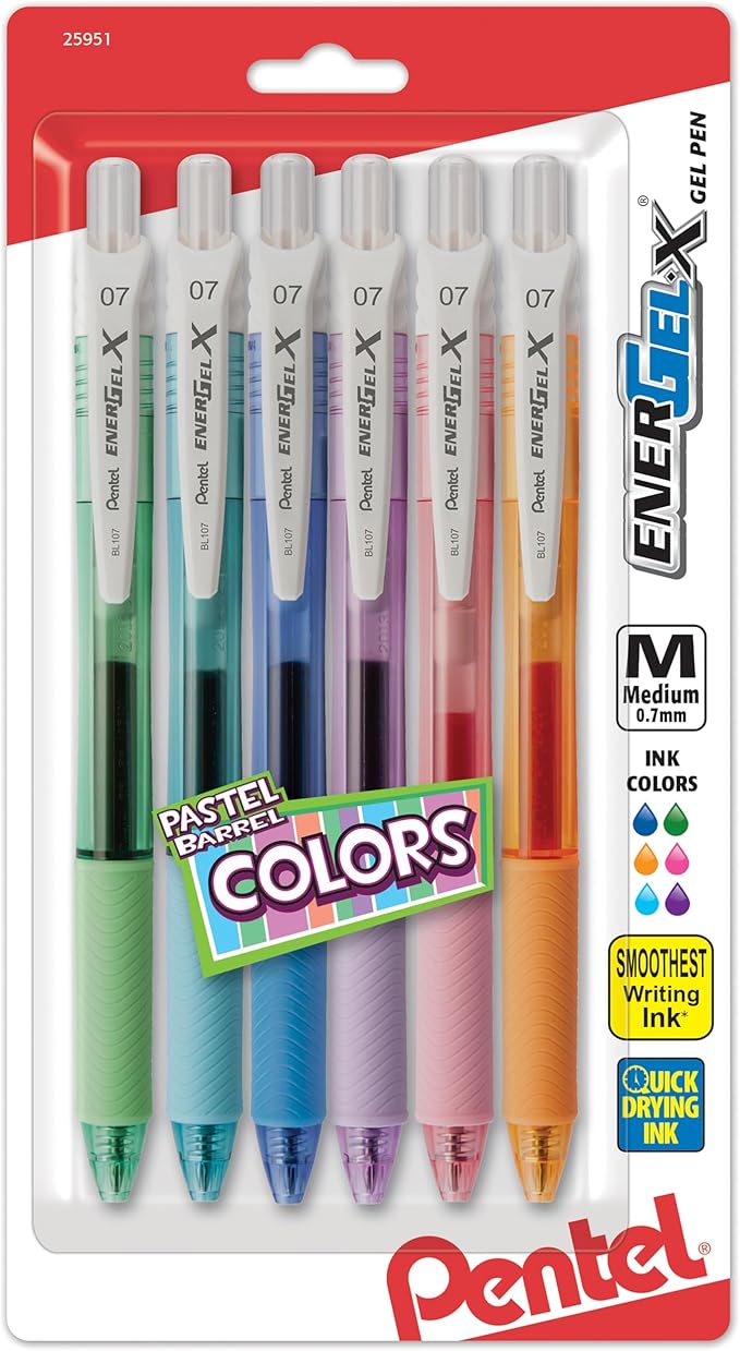 Pentel Energel-X Pastel Barrels Retractable, Medium Line, Assorted Ink Colors Pack of 6 (BL107FBP6M)