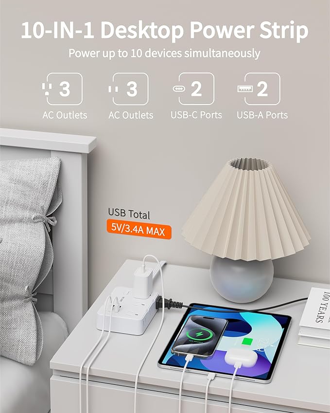 Surge Protector Power Strip with Flat Plug, 3 FT Extension Cord with 6 AC Outlets 4 USB Ports,1050J Surge Protection, Wall Mountable Charging Station for Office, Home, White