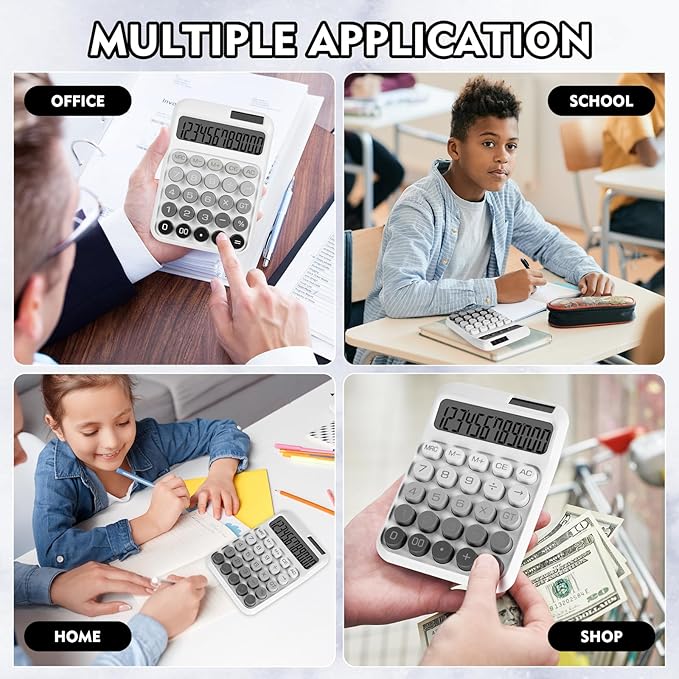 Mechanical Switch Calculator with Big Buttons, Calculators Desktop, 12 Digits, Solar Battery Power, Desk Calculator, Large LCD Display, Cute White Calculator for Teachers Students Basic Office