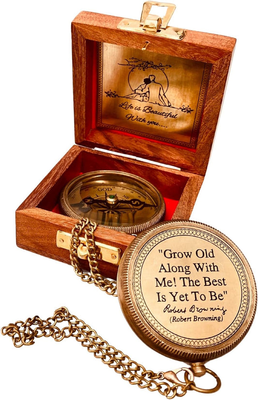 Gift for Husband Wife - Brass Compass 2" | Engraved Quote Birthday Wedding Anniversary Christmas Romantic Love Gifts idea for Boyfriend Girlfriend Men Women Him Her (Grow Old Along with Me)