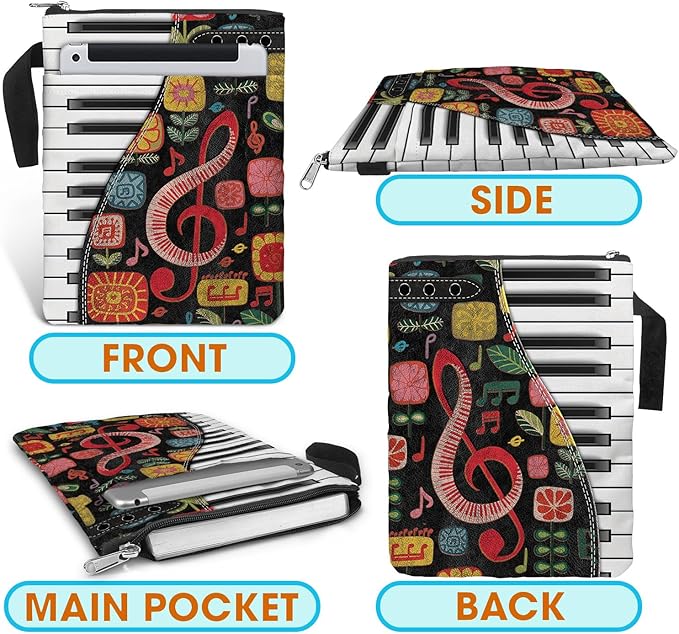 Piano Gift Book Sleeve Bag with Zipper and Front Pocket for Paperbacks. Washable Fabric 11 X 8.5 Padded Book Bag Protector Pouch. Colorful Pattern