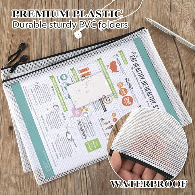 Sooez 20 Pack Mesh Zipper Pouch with Label Pocket, Plastic Zip File Folders, Letter Size A4 Zipper Document Bag for School Office Supplies, Black