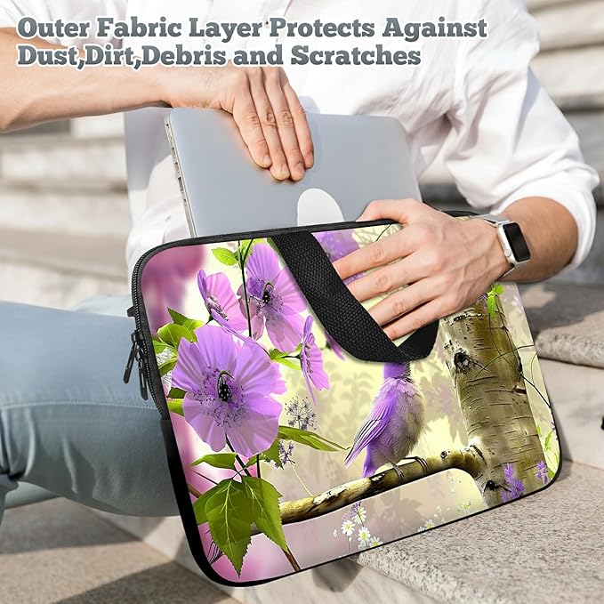 Universal Laptop Sleeve Tablet Case 12 inch, Purple Florals Hummingbird Slim Carrying Case Durable Handbag Travel Laptop Bag for Surface Pro 9 8 7/Laptop Go 2 3, MacBook Air 11/12