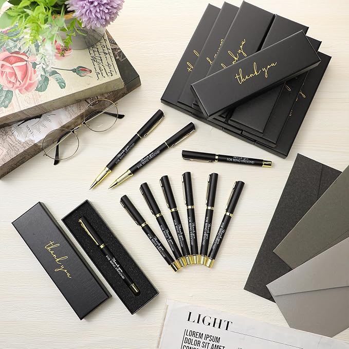 PerKoop 10 Set Thank You Gifts Inspirational Ballpoint Pens with Gift Boxes Bulk Appreciation Party Favors for Employee Coworker Staff Team Friends Office Supplies(Black,Awesome)