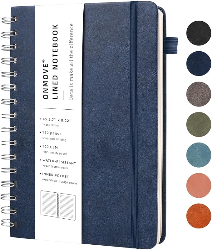 Lined Spiral Notebook Journal for Women Men 160 Pages A5 College Ruled Hardcover Leather with Pen Holder Notebook Journals for Note Taking Work Navy Blue