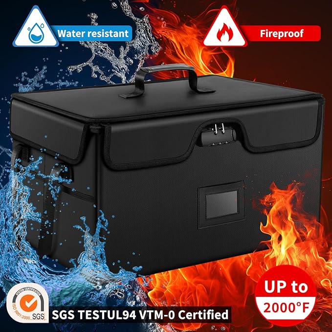 AMBOR Large File Box with Lock, Fireproof Document Box with 5 Tabs, Collapsible File Organizer with Handle for Home Office for Letter & Legal Folder/Certifications/Books Storage, Black