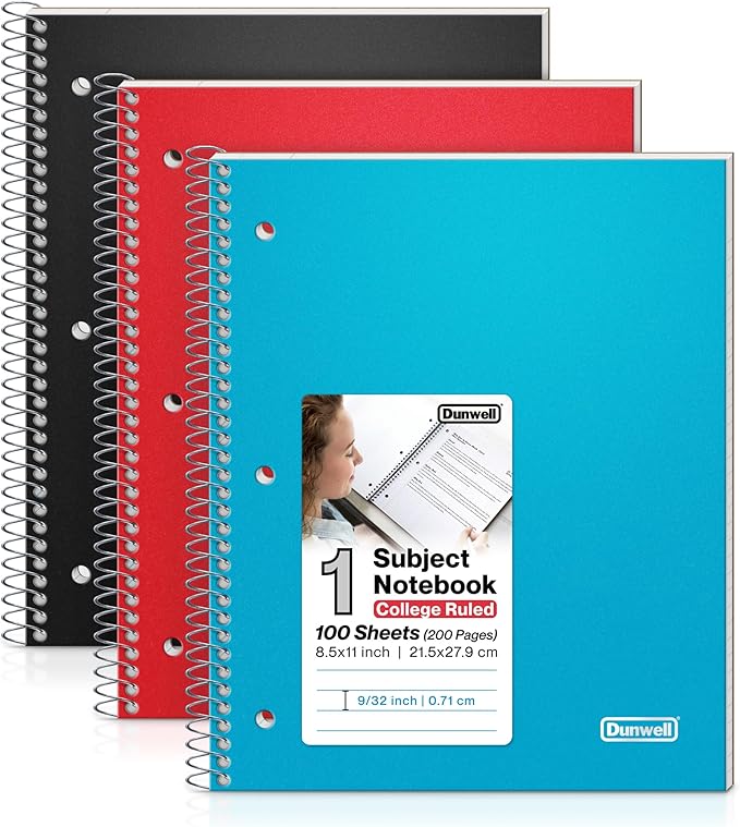 Dunwell 1 Subject College Ruled Notebooks, (3-Pack, Red, Blue, Black) Spiral Notebooks 8.5 x 11, Plastic Covers, Poly Pocket Dividers, 100 Sheets (200 Pages), 3-Hole Punched Perforated Paper