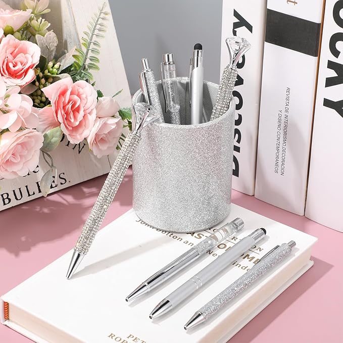 Sabary 8 Pcs Ballpoint Pens with Pen Holder for Desk Glitter Crystal Diamond Fancy Pencil Holder Bling Desk Organizer Cute Stationery Supplies for Women Girls Wedding Office School Gifts(Silver)