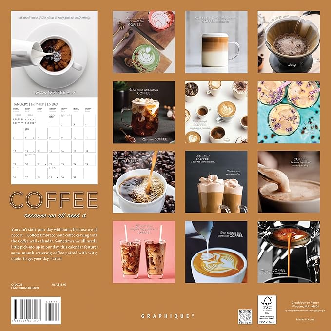 Graphique 2025 Coffee Wall Calendar | 12” x 12” | Thick Paper | Home & Office Organizer | Large Monthly Grid | 3 Languages & Marked Holidays | 4 Month Preview Page for 2026