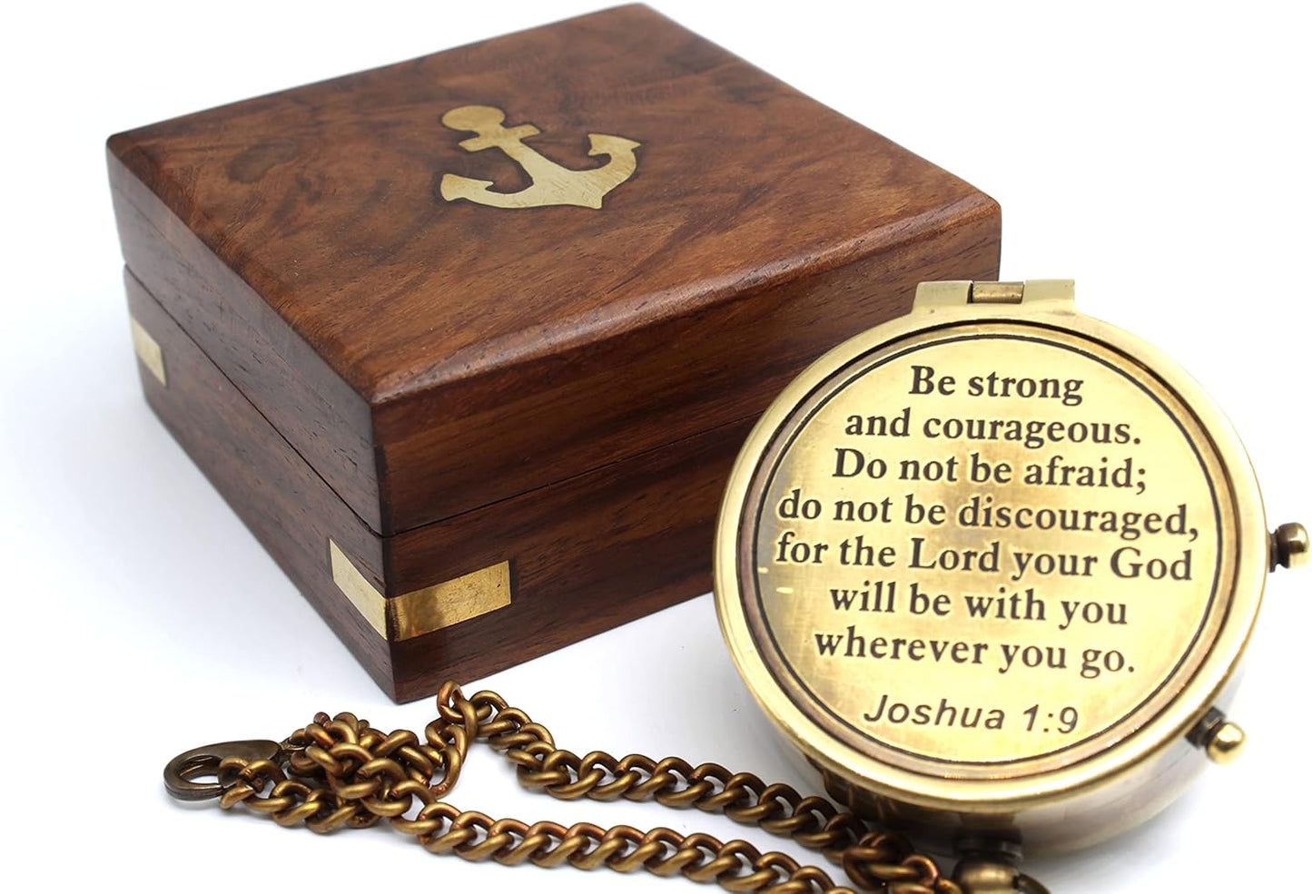 Be Strong and Courageous Compass – Antique Nautical Magnetic Compass with Engraved Scripture Quote – Baptism Gift with Wooden Box for Son, Father, Husband, Loved One