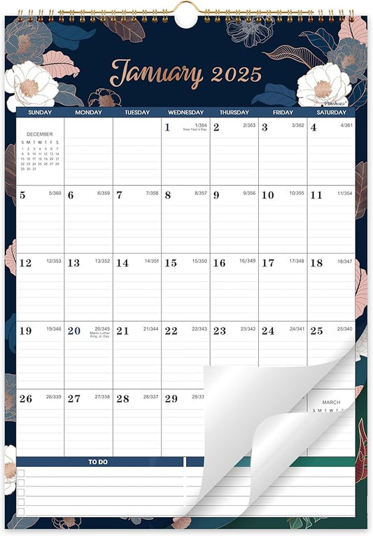 2025 Calendar - 2025 Wall Calendar, January 2025 - December 2025, 17'' x 12'', 12 Monthly Wall Calendar 2025 with Julian Dates - Engraved Floral