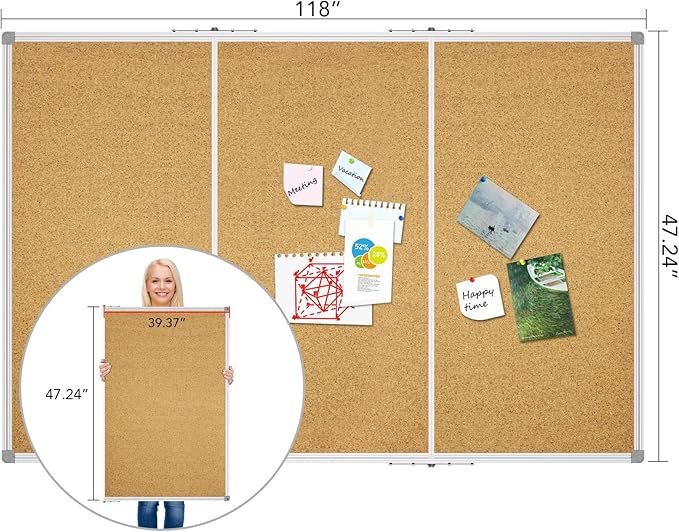 Lockways Large Cork Board Bulletin Board, Bulletin CorkBoard 118 x 48 Inch, Foldable Cork Message Notice Board with Silver Aluminium Frame for School, Home & Office