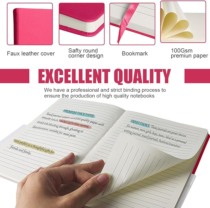 Lined Journal Notebook, 10Pack(Rose Red), 160 Pages, Medium 5.7 inches x 8 inches - 100 gsm Thick Paper, Hardcover