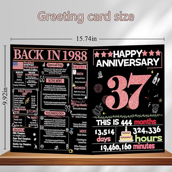 Joycard 37th Anniversary Card for Women, Wedding Card for Wife, Sweet Marriage Decorations Gifts for Couple, Perfect for Her on Anniversary Day, Back in 1988