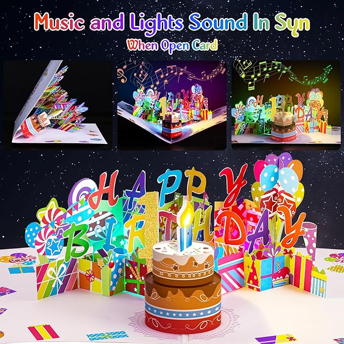Gumry 1ST Musical Birthday PopUp Card, Blowable Colorful Light Candle 3D Cards with Song, Applause Cheers Sound, Greeting Cards Birthday Gifts Decorations for Daughter Son Turning 1 Years Old