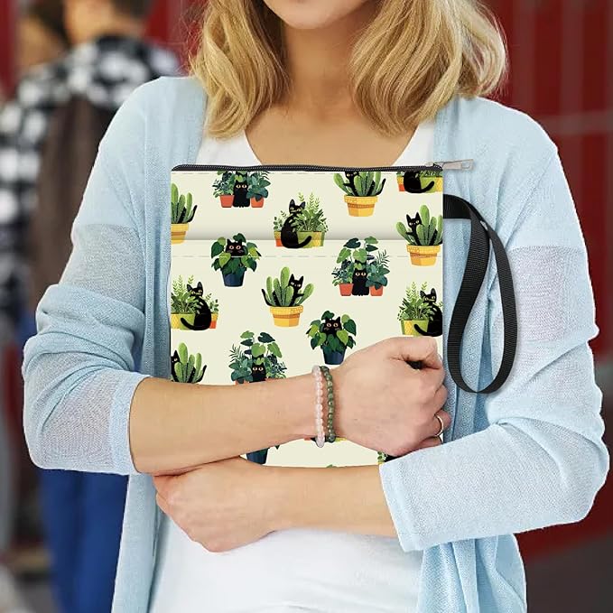 CRASPIRE Plant Book Sleeve Black Cat Book Protector Greenery Book Covers for Paperbacks Washable Fabric Cloth Book Cover with Zipper and Extra Sleeve Pocket for Book Lovers Classmate Gifts