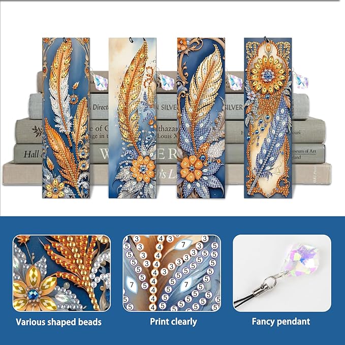 4-Piece 5D Diamond Painting Bohemian Style Bookmarks Set, DIY Craft Kit with Rhinestones – Unique Flower and Feather Designs, Handmade Art Craft Bookmarks with Tassels, Ideal Gift for Book Lovers