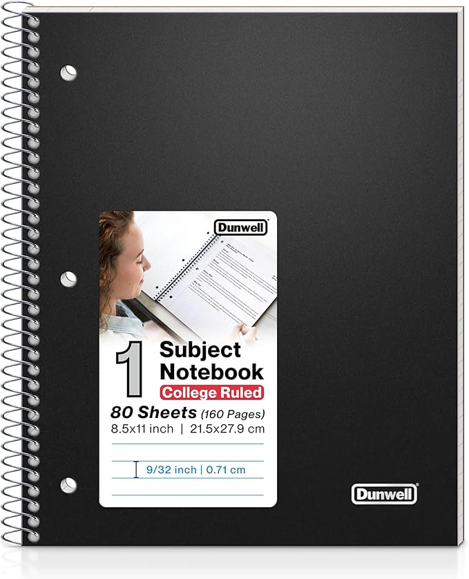 Dunwell College Ruled 1 Subject Notebook, 80 Sheets, Spiral Notebook with 8.5 x 11 Paper, Protective Plastic Cover, Divider with Pockets, Perforated Pages, 3-Hole Punched