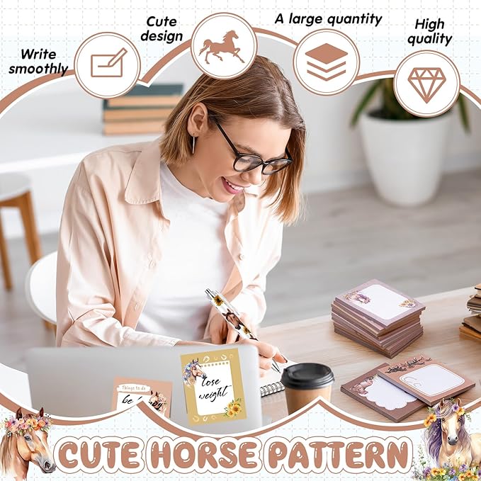 Sabary 9 Pads Sticky Notes 3.15 x 3.94 Inches Cute Self Sticky Note Pads Colored Adhesive Notepad for Memo Reminder Journal Studying Office Home Gift(Horse)