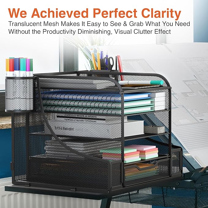 EVOOMI 5 Tier Mesh Desk Organizer PLUS - The Upgraded Time, Space & Sanity Saving Desktop Organizer System for Productivity Success - Ideal Pencil File Paperclip Post It Holder Mail Folder Organizer