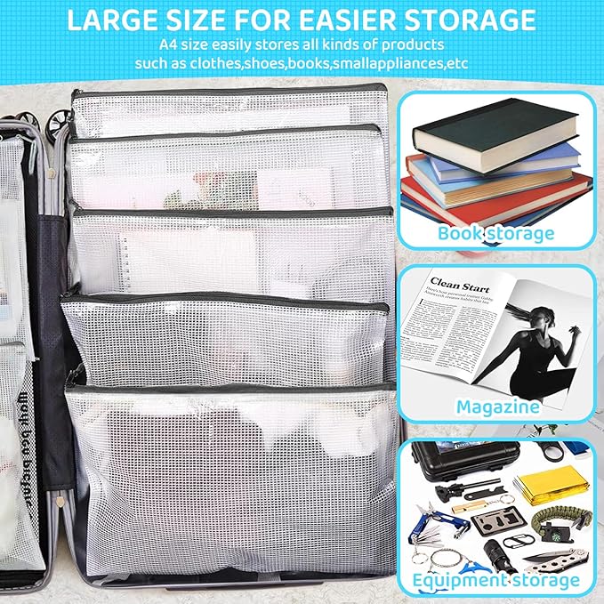 24pcs Mesh Zipper Pouch Bags, A4 13x9 Inches Reusable Bags Puzzle Storage Organizer Black Multipurpose for Travel Board Games Toys School Office Supplies and Home Classroom Organization