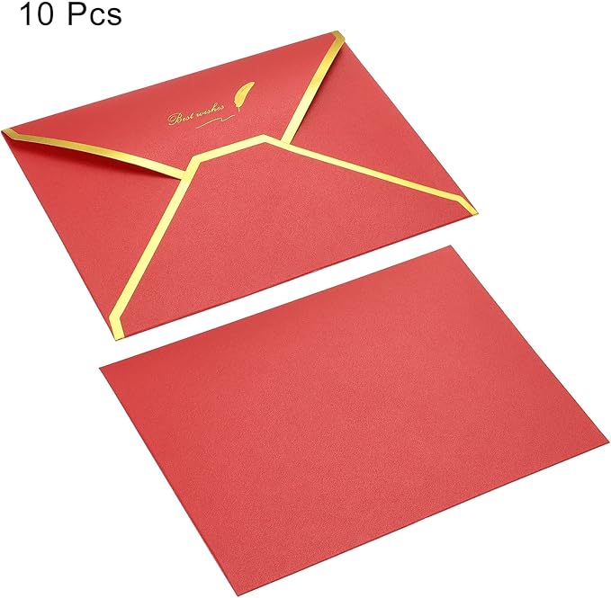 PATIKIL V Flap Envelopes, 10 Pack 7 x 5'' Luxury Style Gold Border Greeting Card Envelope for Invitations Weddings, Red