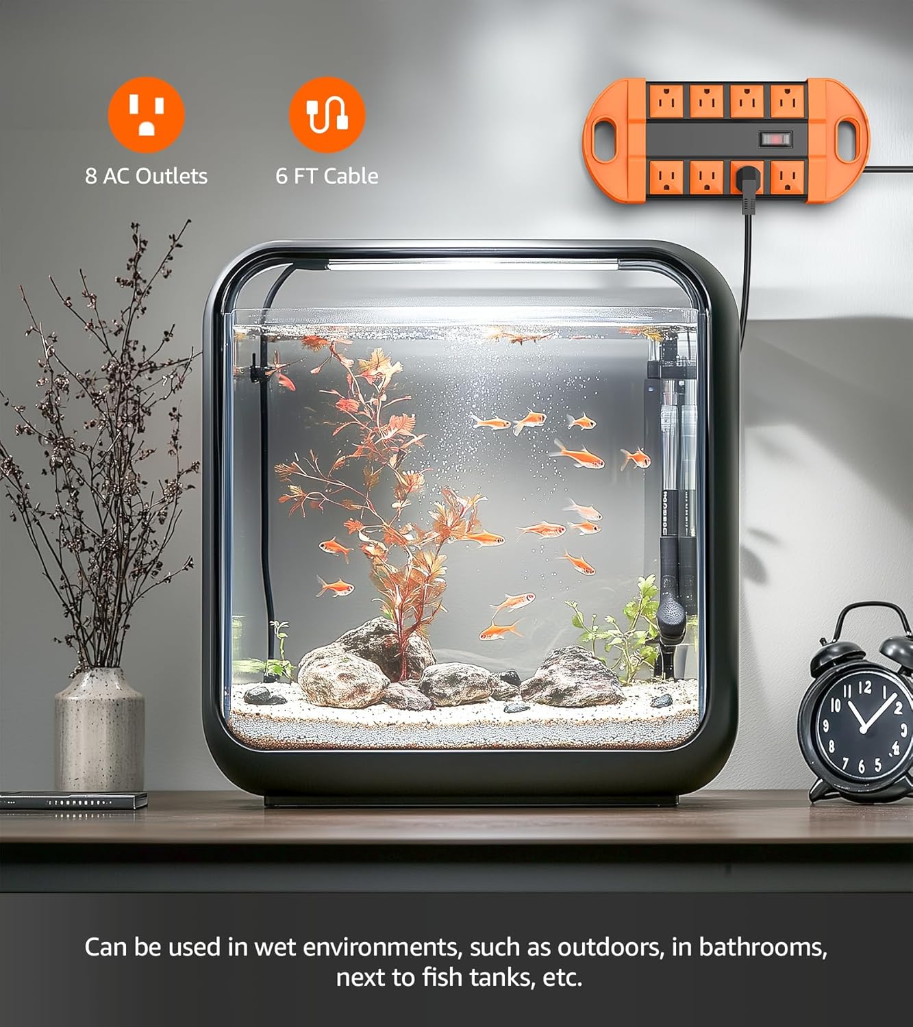 CCCEI Outdoor Power Strip Weatherproof with 8 Plug, Waterproof Extension Cord with Multiple Outlets, Christmas Exterior Garden Yard Surge Protector 6FT, Orange.