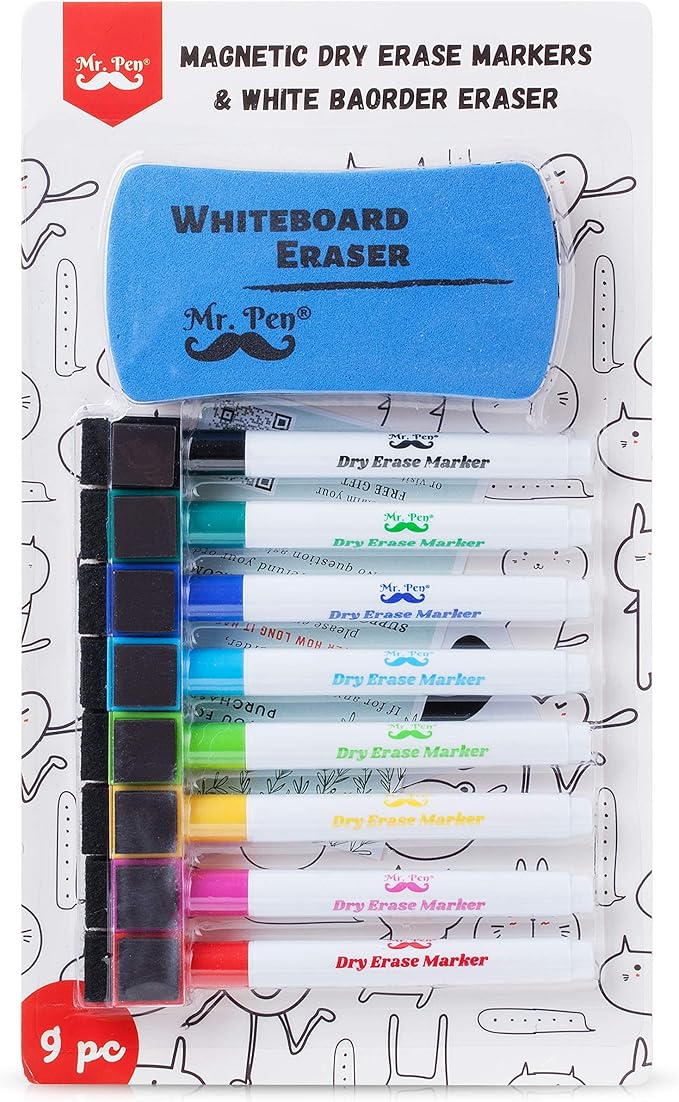 Mr. Pen Magnetic Dry Erase Markers, 8 Pack with Eraser, Magnet, Fine Tip Dry Erase Pens